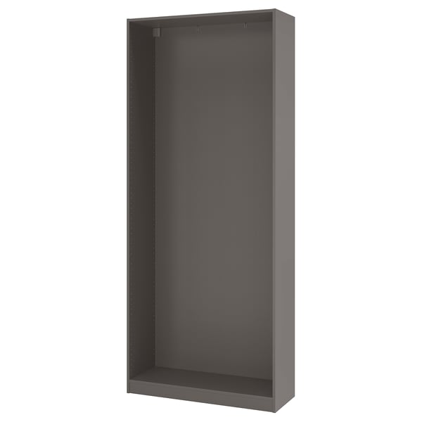 Depicts a grey PAX wardrobe frame, standing upright with a modern design, suitable for compact spaces.
