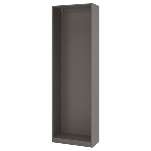 Displays an empty PAX wardrobe frame, grey, with a rectangular shape and foldable construction. It stands upright, ready for assembly.