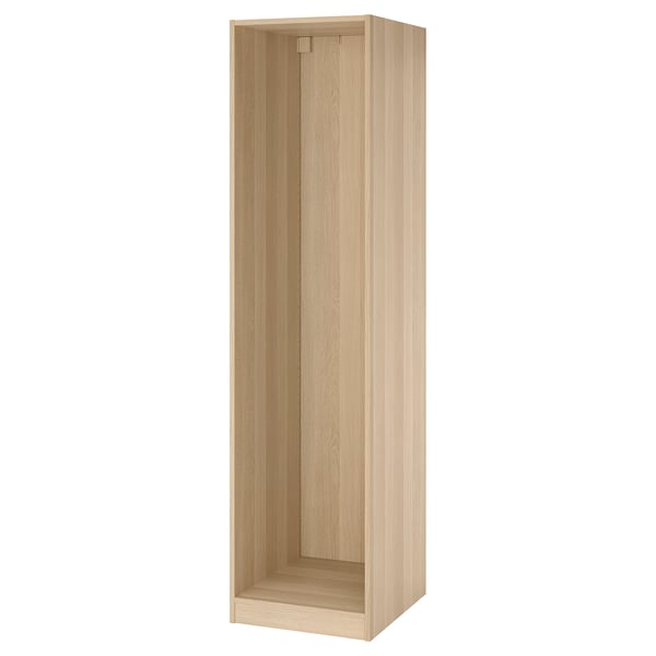 An empty PAX wardrobe frame, light oak colour, made of fiberboard and particleboard, with a rectangular shape and minimal design.