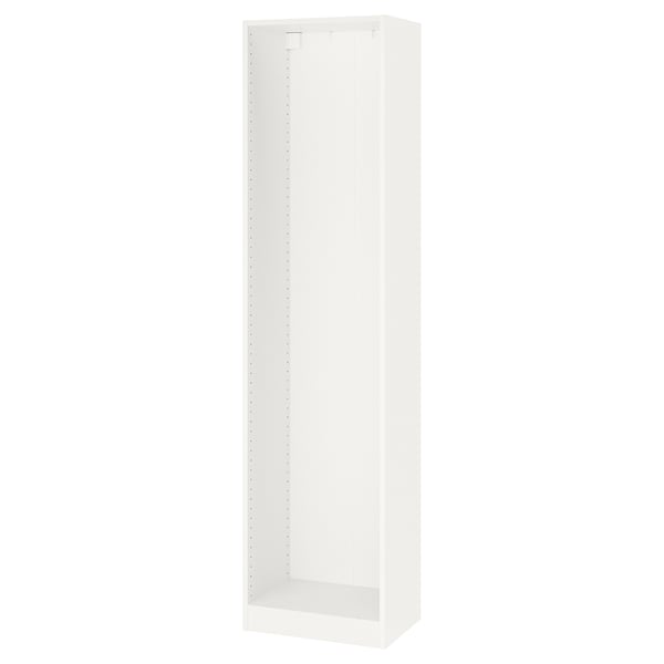 A white PAX wardrobe frame. It is tall and rectangular with a plain design, suitable for organising clothes in limited spaces.
