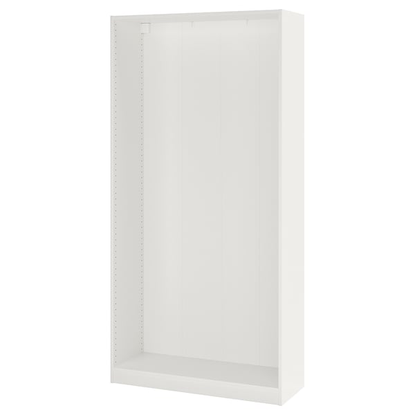 A white ikea PAX wardrobe frame, rectangular, ready for assembly, with a minimalist design.