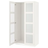 A white PAX wardrobe with mirrored doors and adjustable feet for stability.