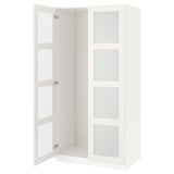 A white ikea PAX wardrobe with glass doors and adjustable interior compartments.