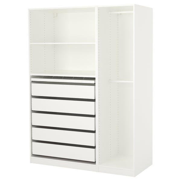 White PAX wardrobe with 5 drawers and 2 shelves. Slim design, ideal for organising clothes and accessories.