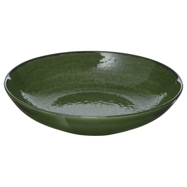 Deep green glossy ceramic bowl, dark rim, classic shape. Perfect for meals or parties.