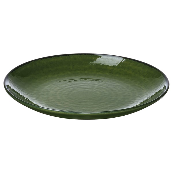 Large forest-green ceramic plate with glossy finish and darker rim.