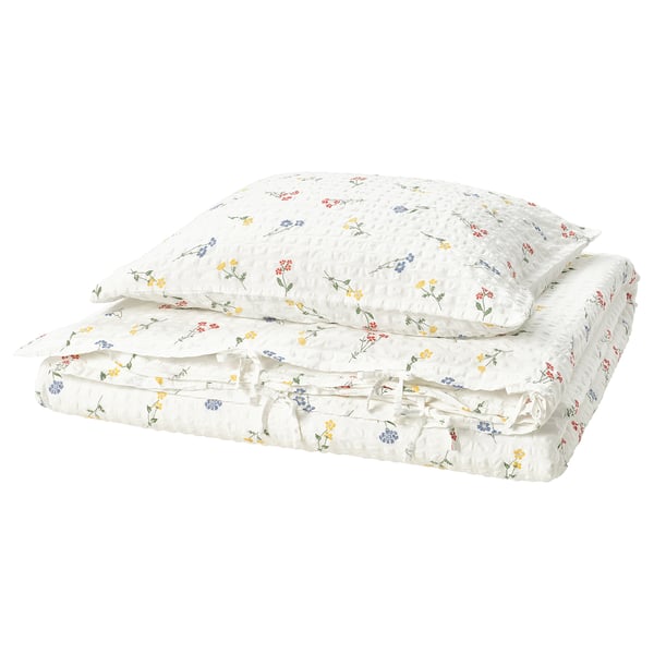 White PILDVÄRGMAL duvet set, floral print, soft cotton-viscose, seersucker texture.