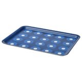 Blue patterned rectangular tray with white dots, made of high-pressure melamine laminate.