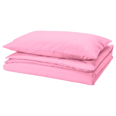 Bright pink bedding set with pillowcases, smooth fabric, clean white background.