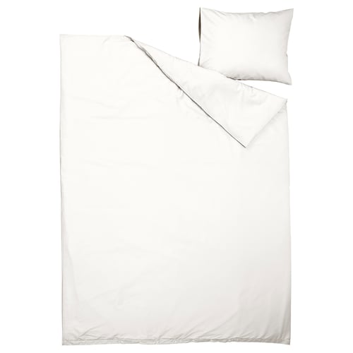 White PILTANDVINGE bedding set. Includes duvet cover and pillowcase. Made from recycled polyester and viscose. Solid white, clean design.