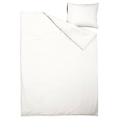 White PILTANDVINGE bedding set. Includes duvet cover and pillowcase. Made from recycled polyester and viscose. Solid white, clean design.