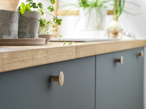 Modern kitchen counter with blue cabinets and light wood top, featuring round wood knobs and potted plants.