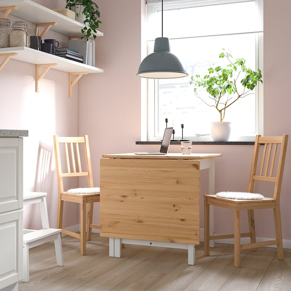 Cozy home office with wooden table, chairs, and plants.