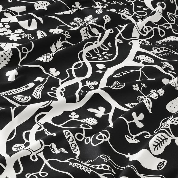 Black white patterned fabric with food motifs, high quality cotton.
