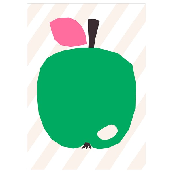 Green apple poster, pink leaf, black stem, striped background, simple design