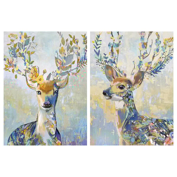 PJÄTTERYD: colorful deer canvas prints. Bright, floral, abstract design.