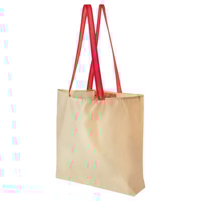 A beige shopping bag with red handles made of polyester. Its a reusable, eco-friendly tote.