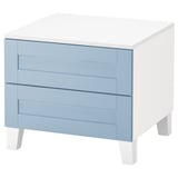 Modern blue & white storage chest: 2 drawers, white legs, clean design.