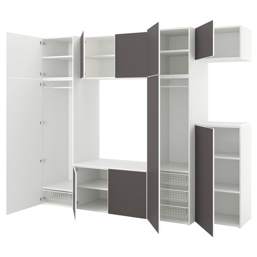 White PLATSA storage set: 3 open cabinets, 3 closed, and 2 open cubes. Modern, minimalist design. White and dark grey accents.