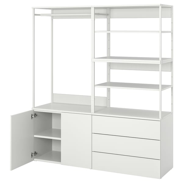 White PLATSA modular storage unit open shelves and cabinets with adjustable feet, steel and particleboard construction.