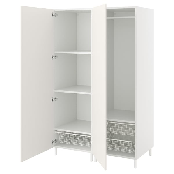 White PLATSA wardrobe with adjustable shelves and mesh drawers.