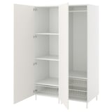 White PLATSA wardrobe with adjustable shelves and mesh drawers.