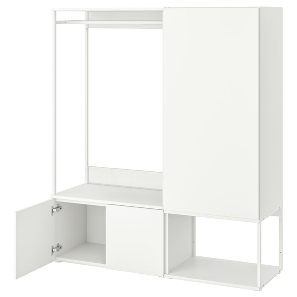 White PLATSA closet, all-white, metal and particleboard, open design with shelves.