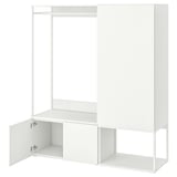 White PLATSA closet, all-white, metal and particleboard, open design with shelves.