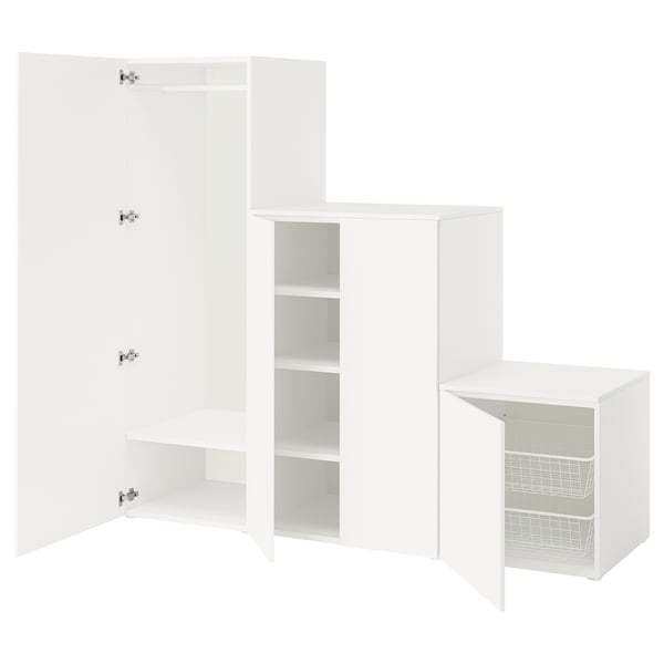 Modern white PLATSA storage units: tall with doors, open shelves, and cube with basket.