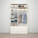 White wardrobe with shelves, drawers, and hanging space, showcasing organized clothing and accessories.