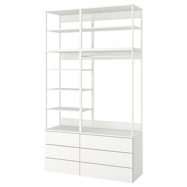 White PLATSA storage unit with open shelves and drawers, sleek minimalist design.