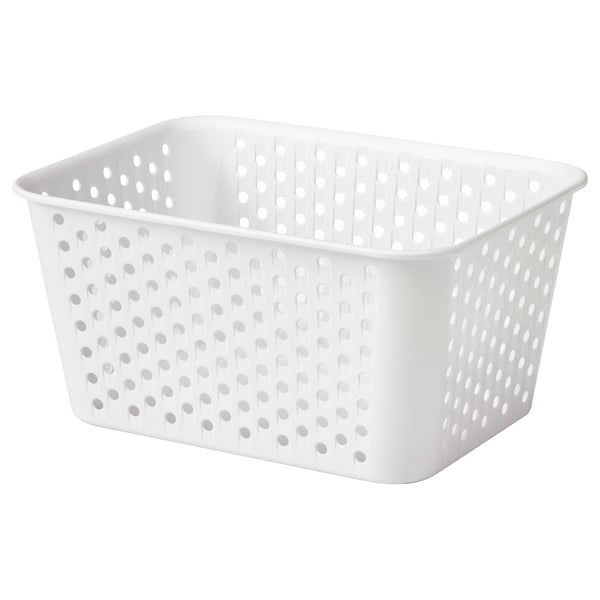 Displays a white, rectangular plastic storage basket with numerous small holes. It a minimalist design, suitable for organizing small items.