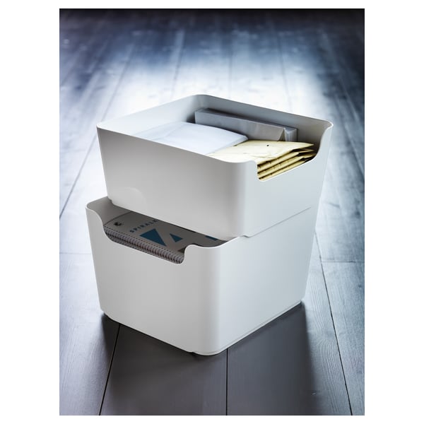 White PLUGGIS recycling box for home or office, stackable and pet plastic.