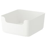 White plastic storage box, square shape, rounded corners.
