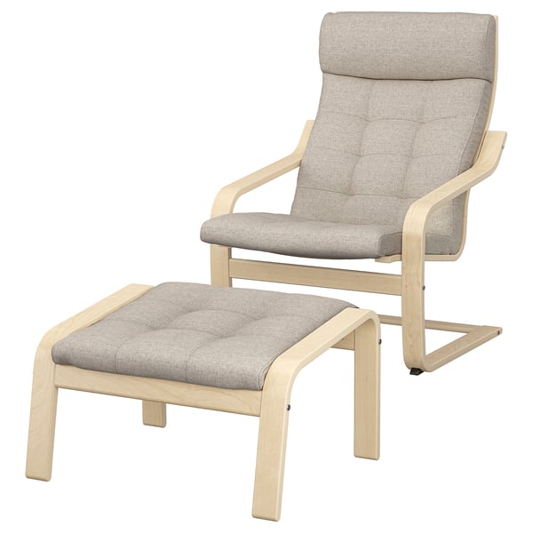 Ikea poang chair, light beige, wooden frame, padded seat and back.