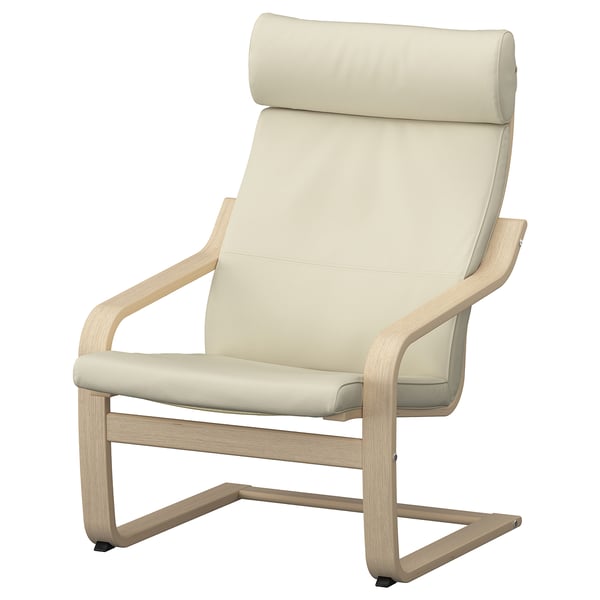 POÄNG cream leather armchair, light oak frame, curved design, high back.