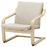 Poang armchair: beige fabric, birch wood, curved design, comfortable.