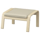 POÄNG footstool: cream-colored leather, wooden frame, curved legs.