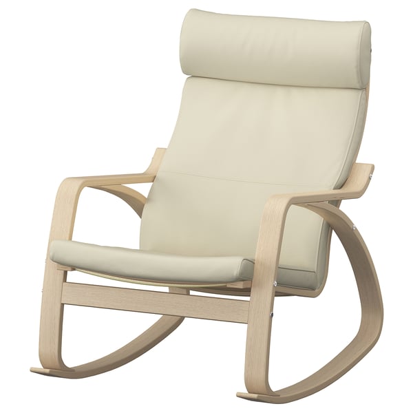POÄNG rocking armchair: light beige leather, oak frame, curved design, 40-year classic.