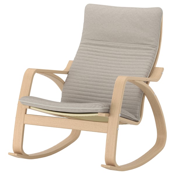 Light wood rocking chair with gray fabric, curved back & armrests, comfy cushion.