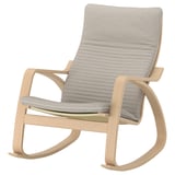 Light wood rocking chair with gray fabric, curved back & armrests, comfy cushion.