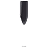 Black handheld frother, sleek design, stainless steel whisk, plastic handle.