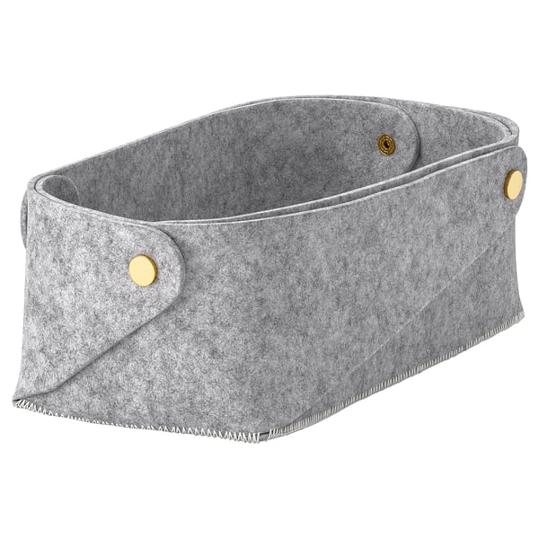 PUDDA grey felt storage basket, rectangular shape, brass button closure.