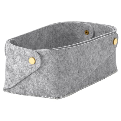 PUDDA grey felt storage basket, rectangular shape, brass button closure.