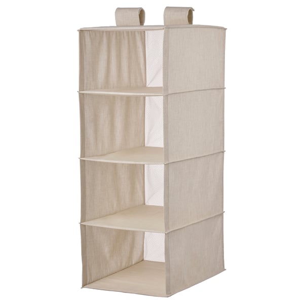 A beige hanging closet organizer named PURRPINGLA with four shelves made from recycled polyester.