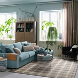 Modern living room with light blue sofa and tartan check rug, plants, storage cabinet, coffee table, and curtains.