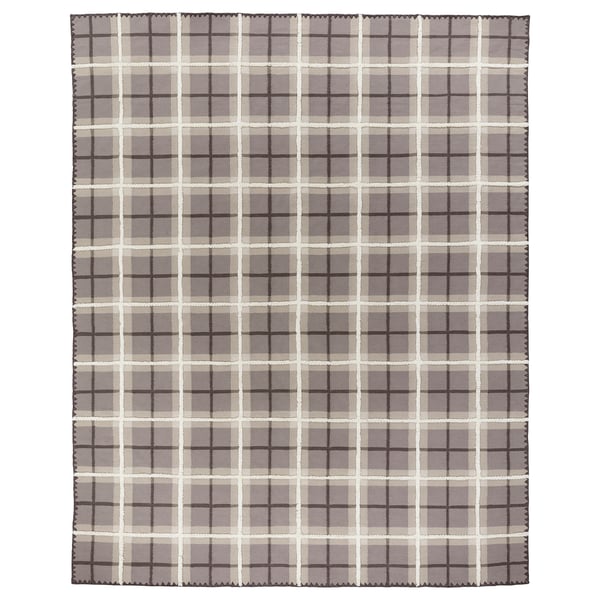 PYSSLINGGRÄS: brown & grey tartan wool rug, hand-woven with classic check pattern.