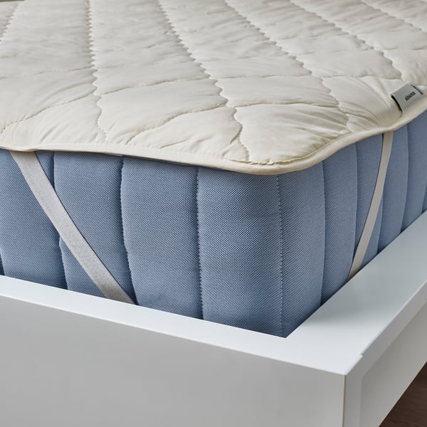 Image shows a RÅDHUSVIN mattress protector with cotton cover and wool filling, designed to regulate temperature and protect mattresses.