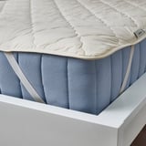 Image shows a RÅDHUSVIN mattress protector with cotton cover and wool filling, designed to regulate temperature and protect mattresses.