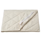 RÅDHUSVIN, a beige mattress protector with a quilted design made from cotton and wool, folded neatly with white elastic straps visible.